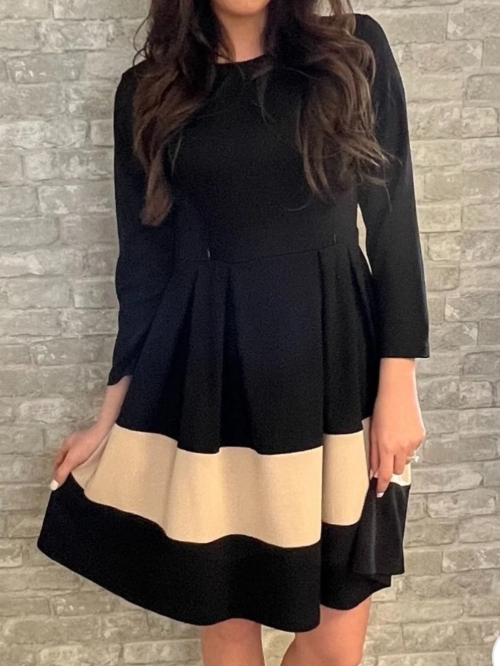Nursing Queen Fit & Flare Black Tan Knit Pleated Full Skirt Nursing Dress Large